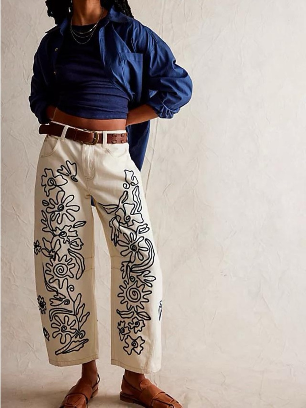 We The Free Cream Jeans with Black Floral Outline Embroidery - Picture 12 of 16